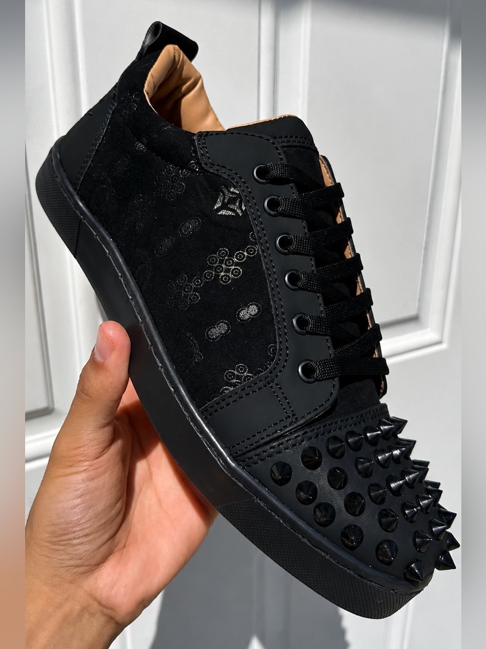 Christian Louboutin Red sole Men's Black Studded Low-Top Sneakers  N/A